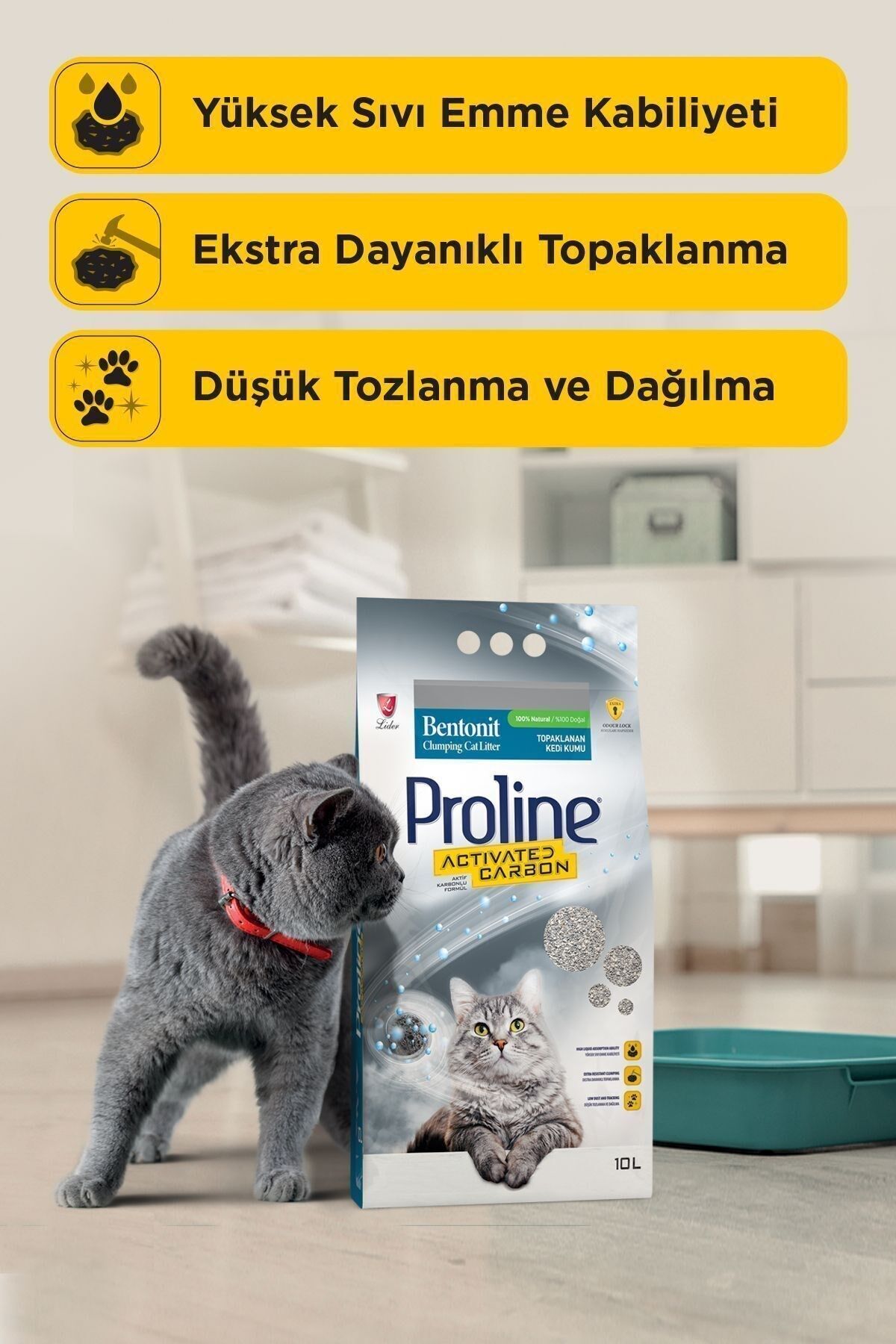 Proline Aktif Karbonlu Topaklanan Doğal Kedi Kumu 10 Lt