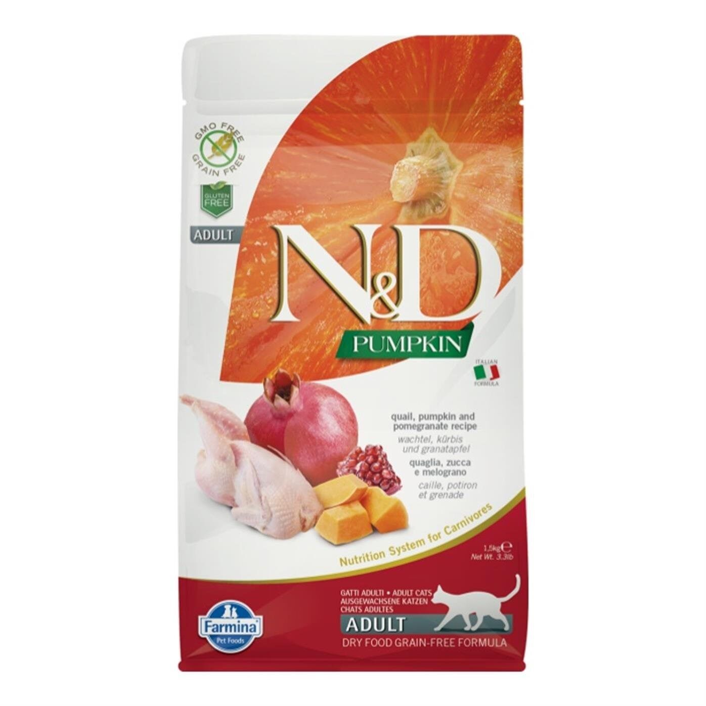 N&D Pumpkin Tahılsız Bıldırcın Etli Balkabaklı ve Narlı Kısırlaştırılmış Kuru Kedi Maması 1.5 Kg