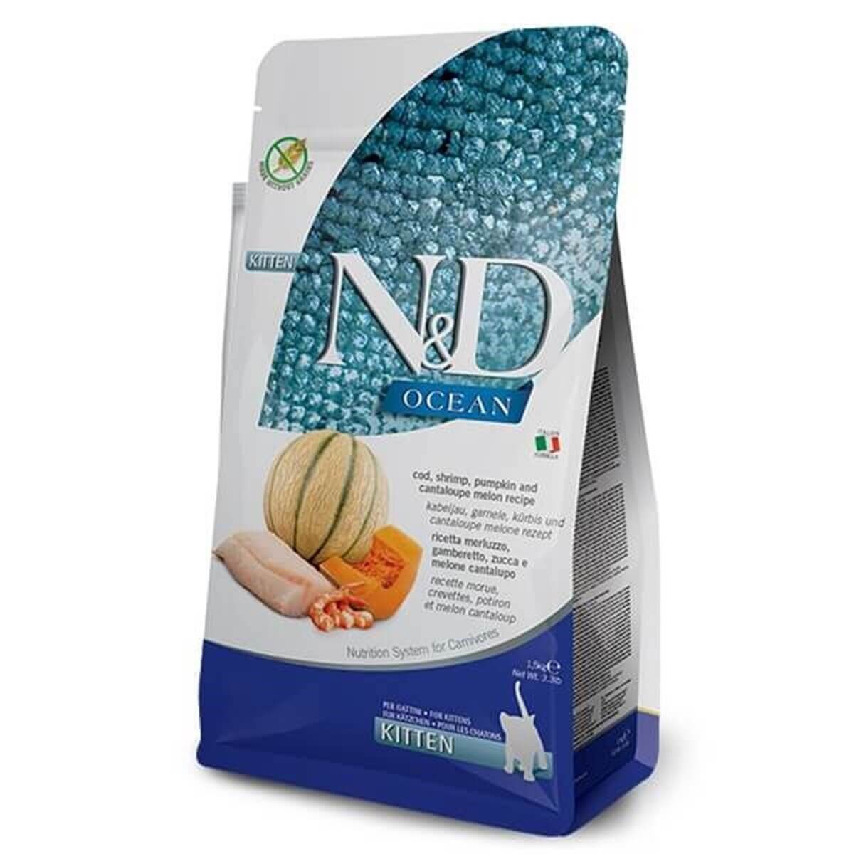 N&D Ocean Morina Balıklı Bal Kabaklı Karidesli ve Kavunlu Tahılsız Yavru Kedi Maması 1,5kg