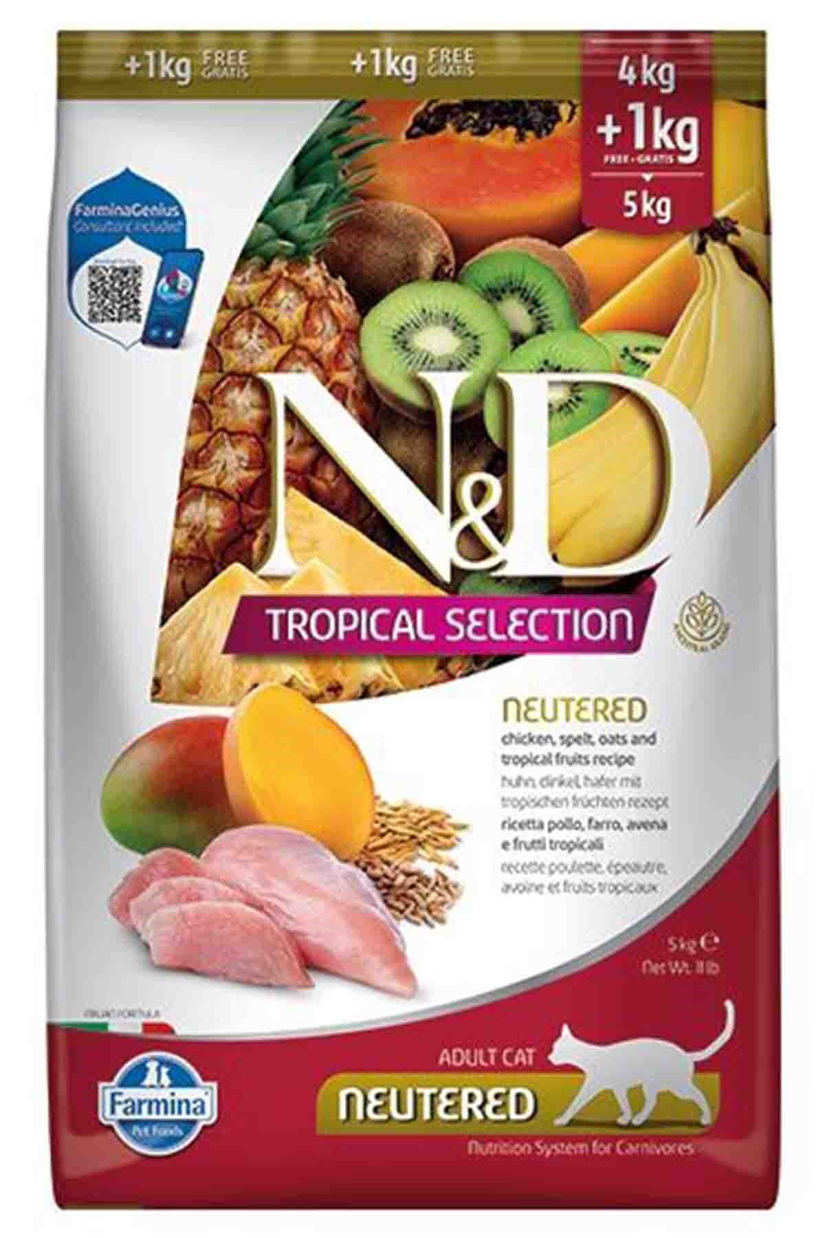 N&D Tropical Selection Tavuklu ve Tropikal Meyveli Kısırlaştırılmış Kedi Maması 4kg + 1kg HEDİYE